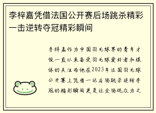 李梓嘉凭借法国公开赛后场跳杀精彩一击逆转夺冠精彩瞬间